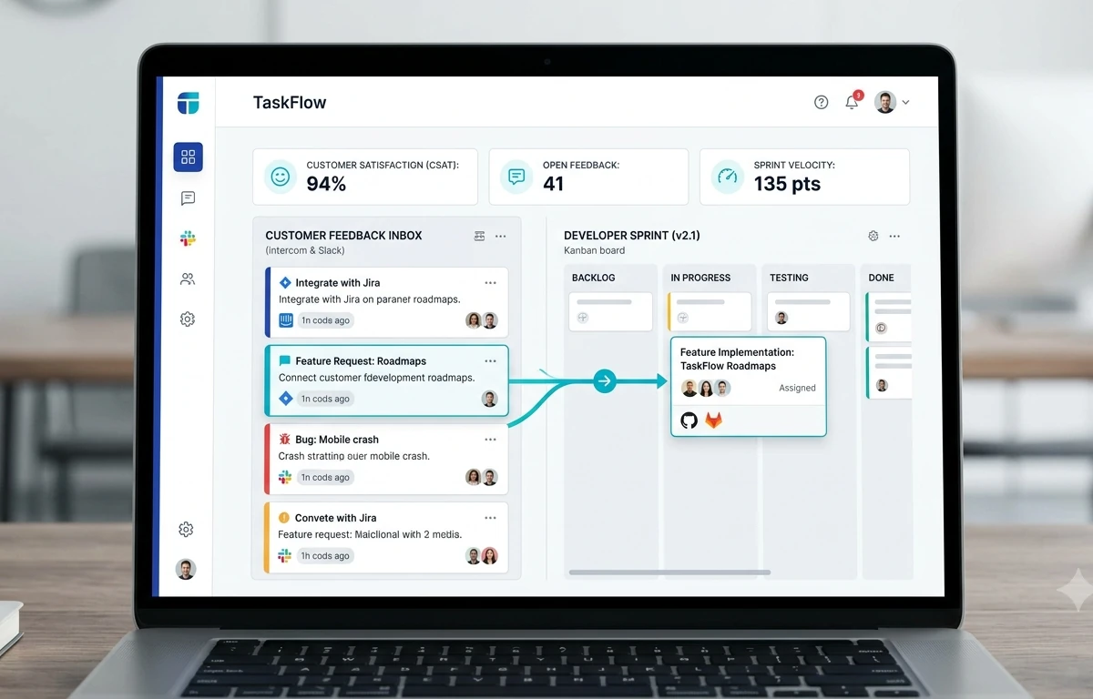 A laptop showing the TaskFlow Dashboard